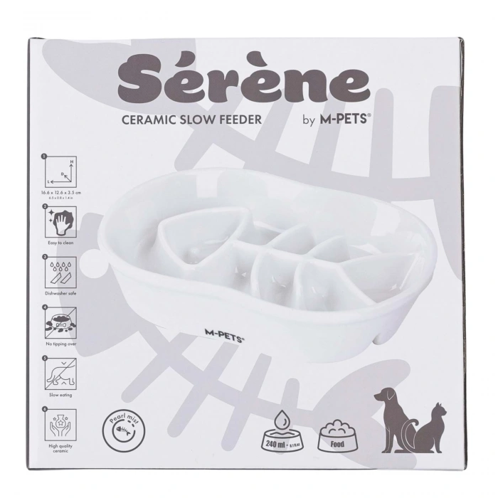 M-Pets Serene Balıklı Seramik Yavaş Yeme Mama Kabı 240ml (Beyaz)