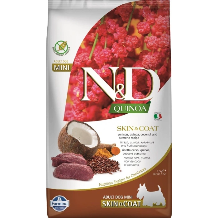 ND Quinoa Skin&Coat Tahılsız Geyik Eti ve Hindistan Cevizli Küçük Irk Yetişkin Köpek Maması 2,5kg