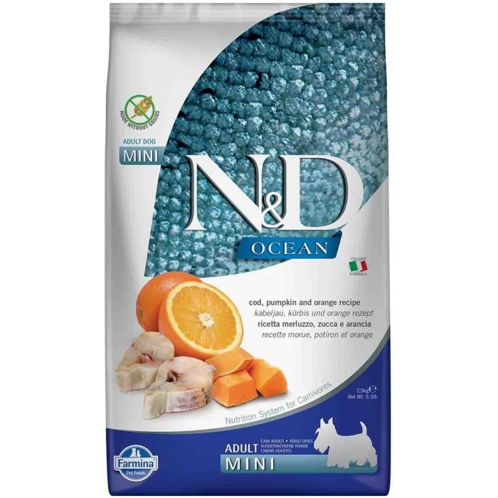 N&D Ocean Bal Kabaklı Morina Balıklı ve Portakallı Küçük Irk Tahılsız Yetişkin Köpek Maması 2,5kg