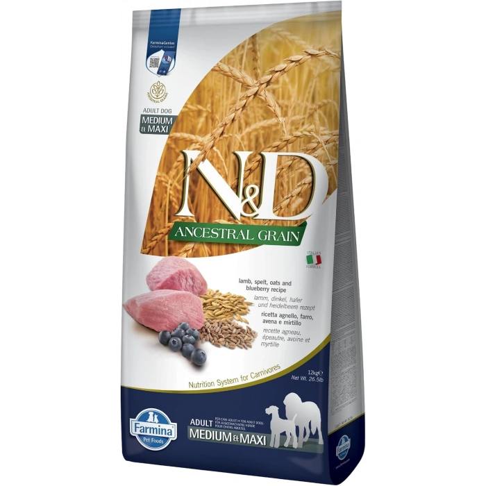 N&D Ancestral Kuzu Etli ve Yaban Mersinli Orta ve Büyük Irk Ata Tahıllı Yetişkin Köpek Maması 12kg