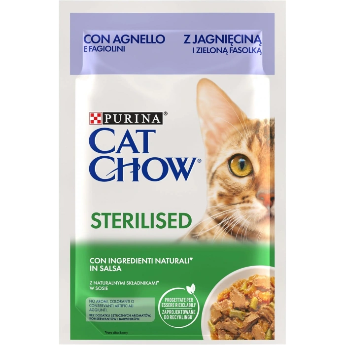 Cat Chow Pouch Sos İçinde Kuzu Etli ve Yeşil Fasulyeli Kısırlaştırılmış Kedi Konservesi 85gr