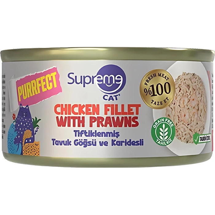 Supreme Cat Purrfect Tiftiklenmiş Tavuk Göğsü ve Karidesli Yetişkin Kedi Konservesi 70gr