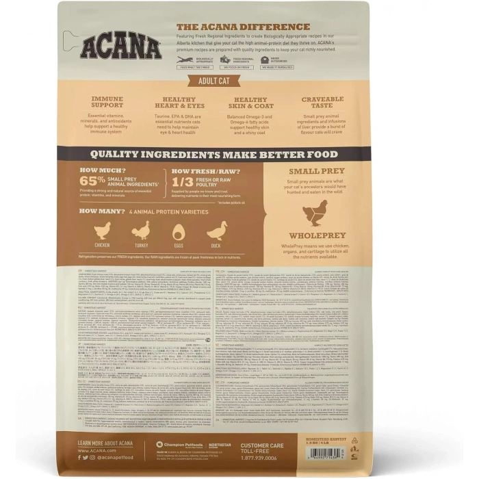 Acana Homestead Harvest Yüksek Proteinli Tavuklu ve Hindili Yetişkin Kedi Maması 1,8kg