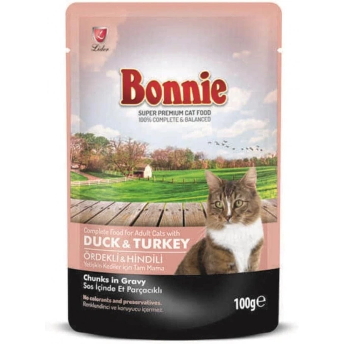 Bonnie Pouch Ördekli ve Hindili Yetişkin Kedi Konservesi 85gr