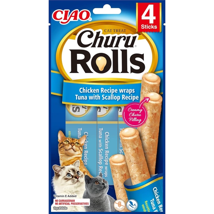 CIAO Churu Rolls Tavuk Sargılı Deniz Taraklı ve Ton Balıklı Kedi Ödül Maması 10gr (4lü)