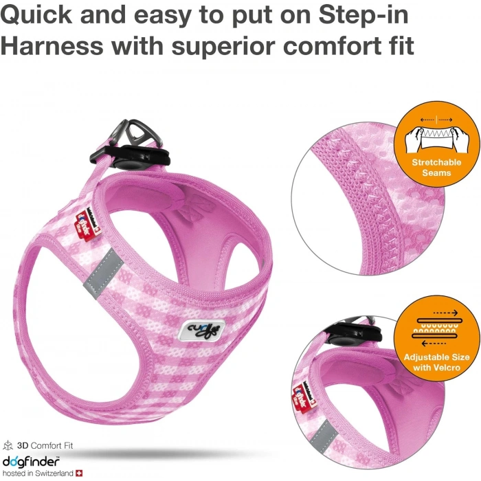 Curli Vest Harness Air Mesh Pink-Caro Design 2Xs & Leash M