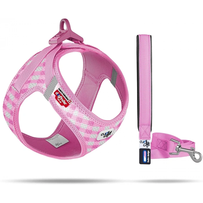 Curli Vest Harness Air-Mesh Pink-Caro Design 3 Xs & Leash M