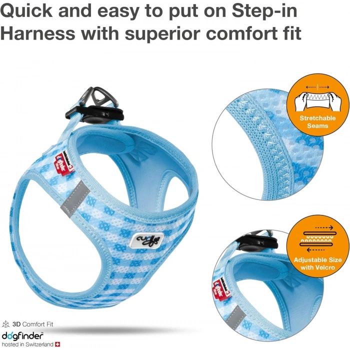 Curli Vest Harness Air-Mesh SkyBlue-Caro Design 2 Xs & Leash M