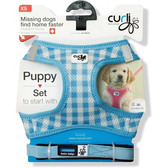 Curli Vest Harness Air-Mesh SkyBlue-Caro S & Leash M
