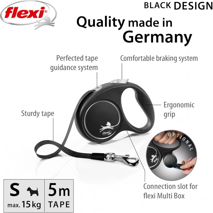 Flexi Black Desing Small 5m Şerit Gezdirme Siyah