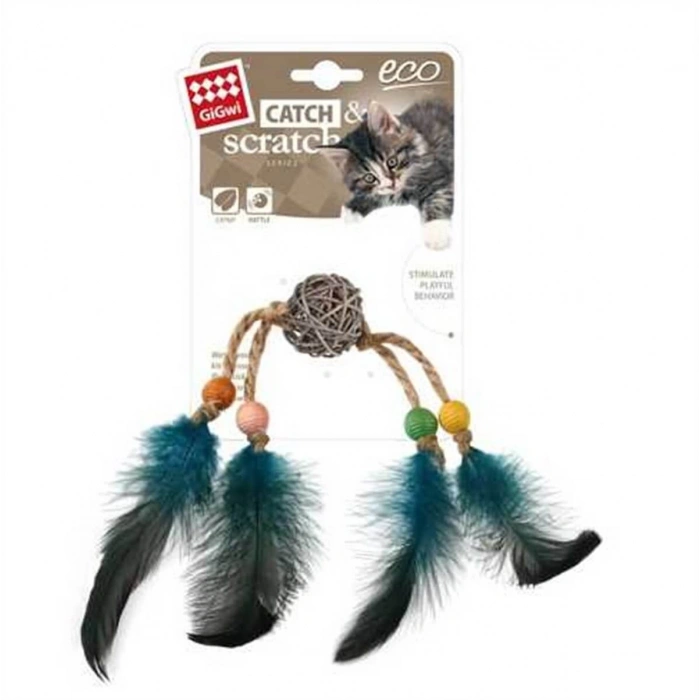 GiGwi Tüylü Ahşap Toplu Kedi Oyuncağı 3x24cm (Yeşil)