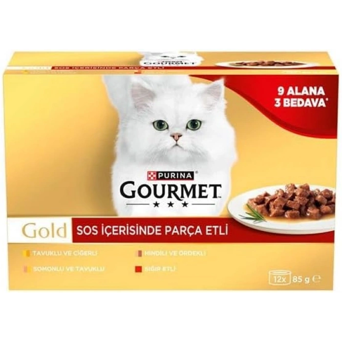 Gourmet Gold Soslu Parça Etli Karışık Çeşitli Yetişkin Kedi Konservesi 12x85gr (12 AL 9 ÖDE)