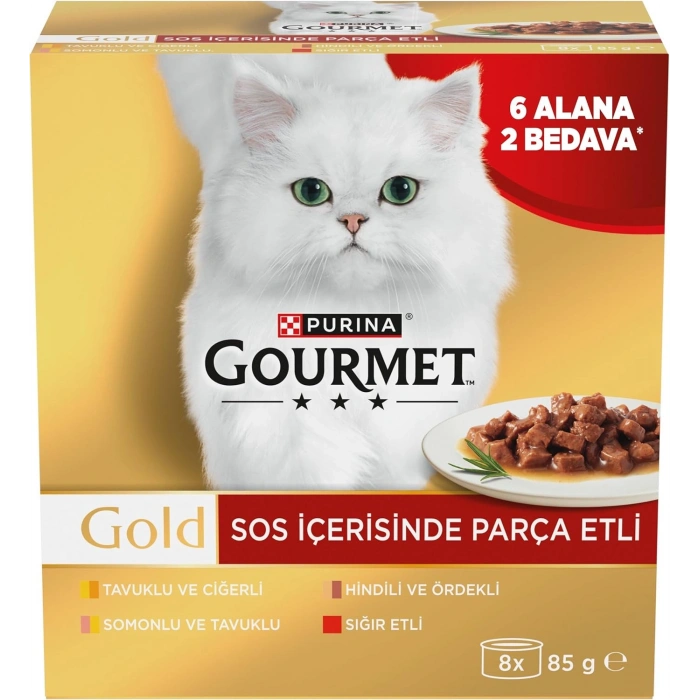 Gourmet Gold Soslu Parça Etli Karışık Çeşitli Yetişkin Kedi Konservesi 8x85gr (8 AL 6 ÖDE)