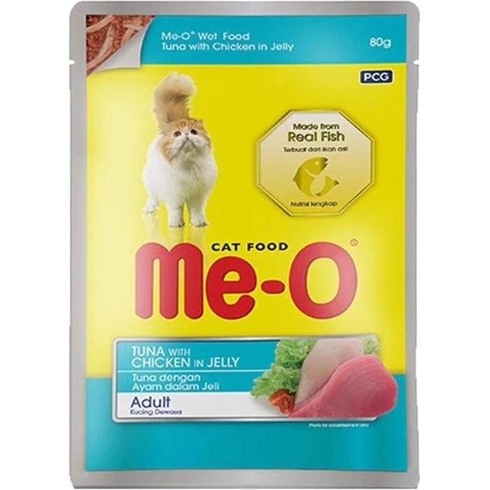 Me-O Jöle İçinde Ton Balıklı ve Tavuk Parçacıklı Yetişkin Kedi Pouch 80gr
