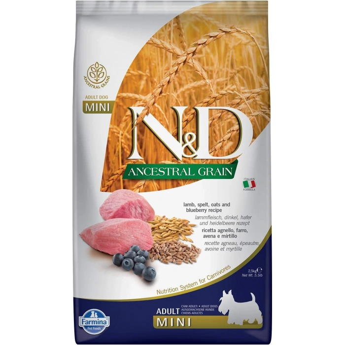 N&D Ancestral Grain Kuzu Etli ve Yaban Mersinli Küçük Irk Ata Tahıllı Yetişkin Köpek Maması 2,5kg