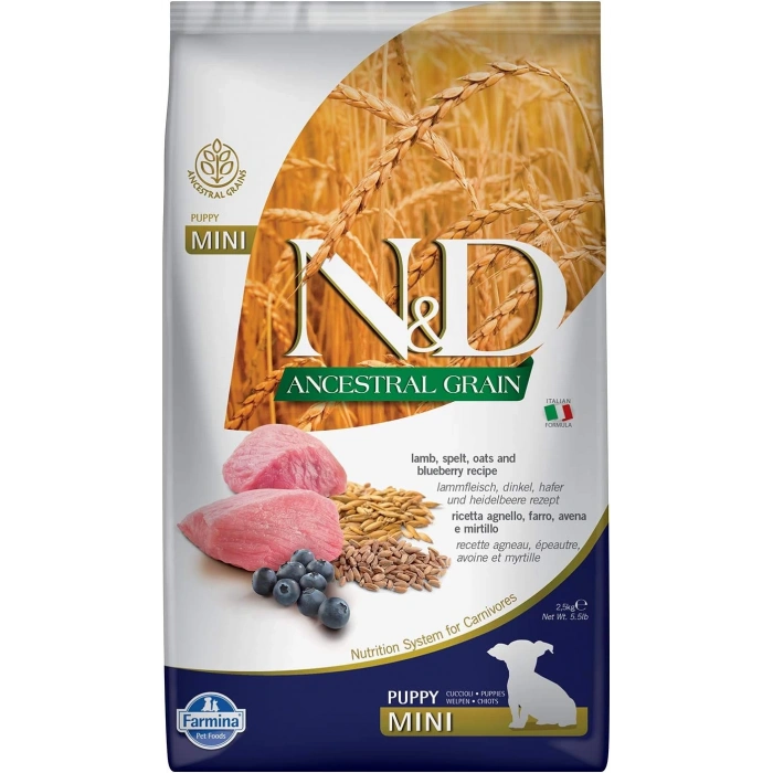 N&D Ancestral Grain Kuzu Etli Yaban Mersinli Küçük Irk Ata Tahıllı Yavru Köpek Maması 2,5kg
