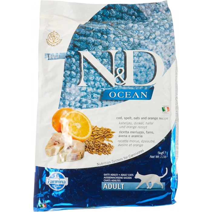 N&D Ocean Düşük Tahıllı Morina Balıklı ve Portakallı 5 Kg Yetişkin Kuru Kedi Maması
