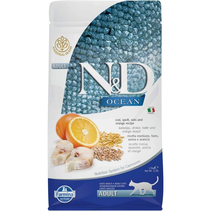 N&D Ocean Morina Balıklı ve Portakallı Ata Tahıllı Yetişkin Kedi Maması 1,5kg
