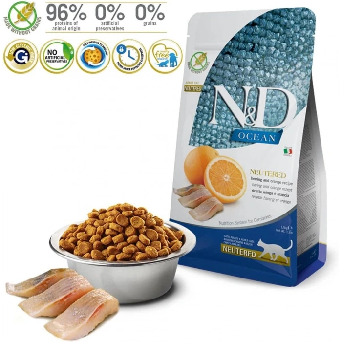 N&D Ocean Ringa Balıklı ve Portakallı Tahılsız Kısırlaştırılmış Kedi Maması 1,5kg