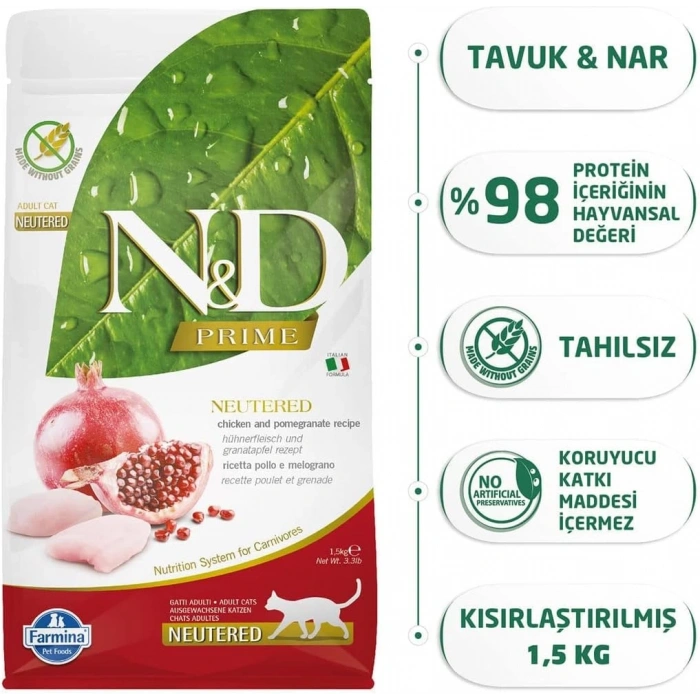 N&D Prime Tavuklu ve Narlı Tahılsız Kısırlaştırılmış Kedi Maması 1,5kg