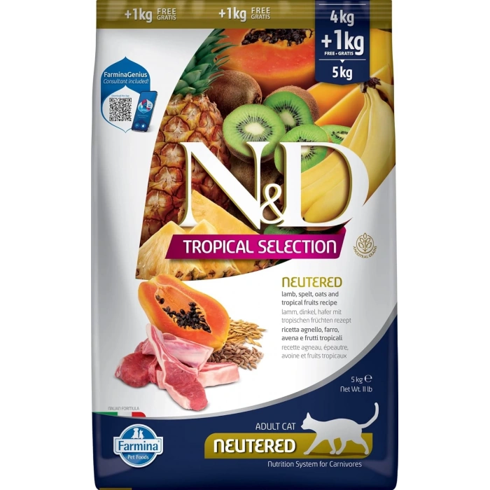 N&D Tropical Selection Kuzu Etli ve Tropikal Meyveli Kısırlaştırılmış Kedi Maması 4kg + 1kg HEDİYE!