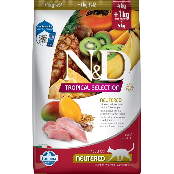 N&D Tropical Selection Tavuklu ve Tropikal Meyveli Kısırlaştırılmış Kedi Maması 4kg+1kg HEDİYE!
