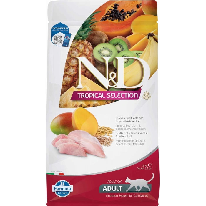 N&D Tropical Selection Tavuklu ve Tropikal Meyveli Yetişkin Kedi Maması 1,5kg