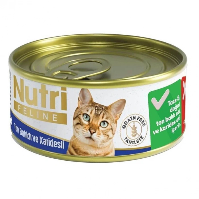 Nutri Feline Kıyılmış Ton Balıklı ve Karidesli Tahılsız Yetişkin Kedi Konservesi 85gr