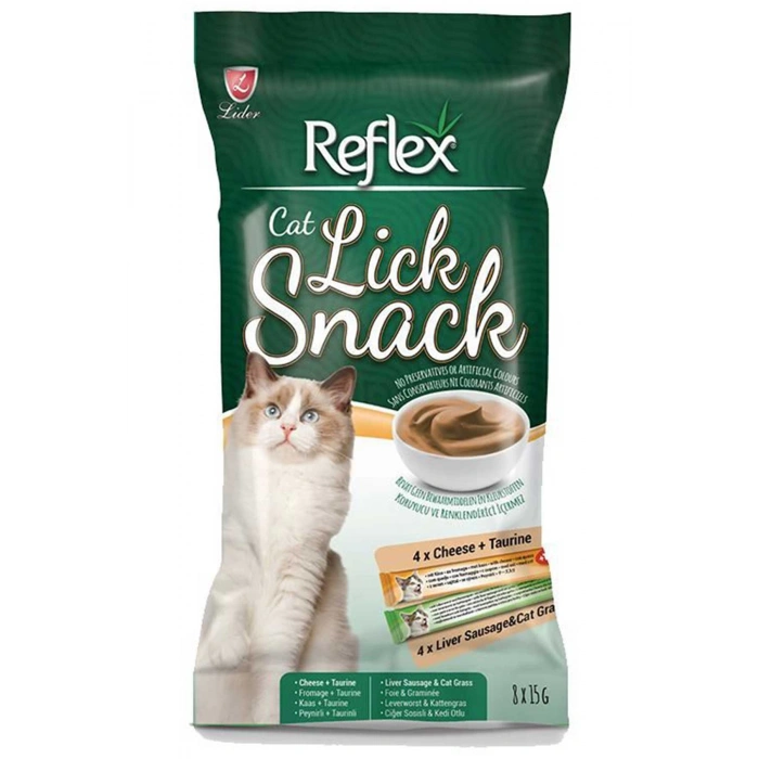 Reflex Lick Snack Peynir Ciğer ve Sosisli Sıvı Kedi Ödül Maması 15gr (8li)