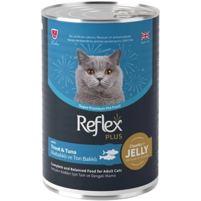 Reflex Plus Jöle İçinde Parça Etli Alabalık ve Ton Balıklı Yetişkin Kedi Konservesi 400gr