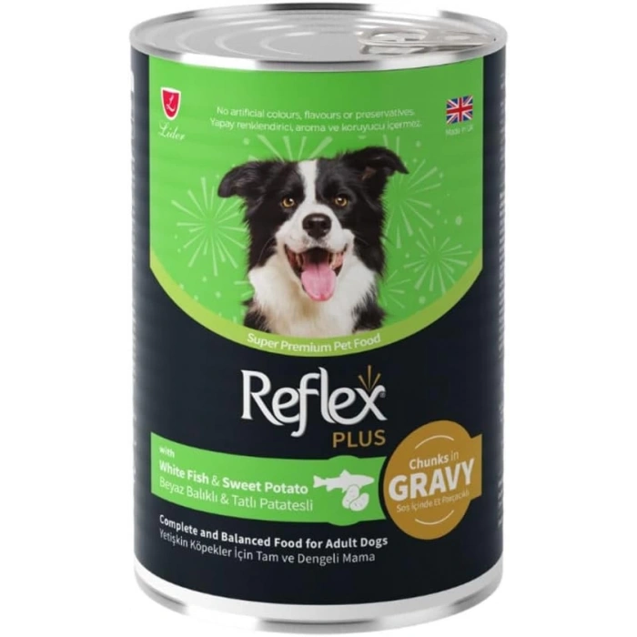 Reflex Plus Sos İçinde Parça Etli Beyaz Balıklı ve Tatlı Patatesli Yetişkin Köpek Konservesi 400gr