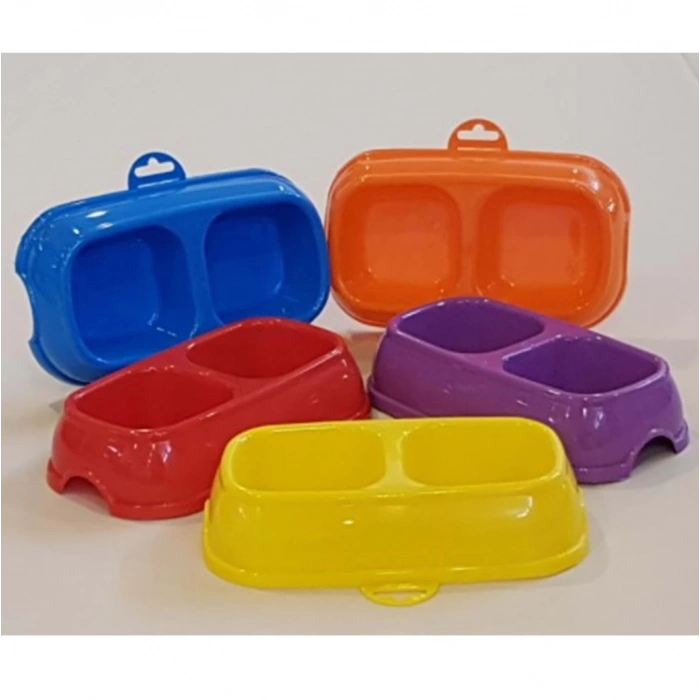 Renkli Kare Mama Kabı Çiftli Plastik Büyük