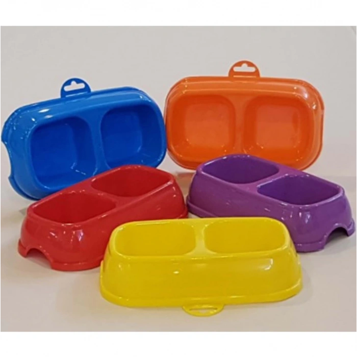 Renkli Kare Mama Kabı Çiftli Plastik Küçük