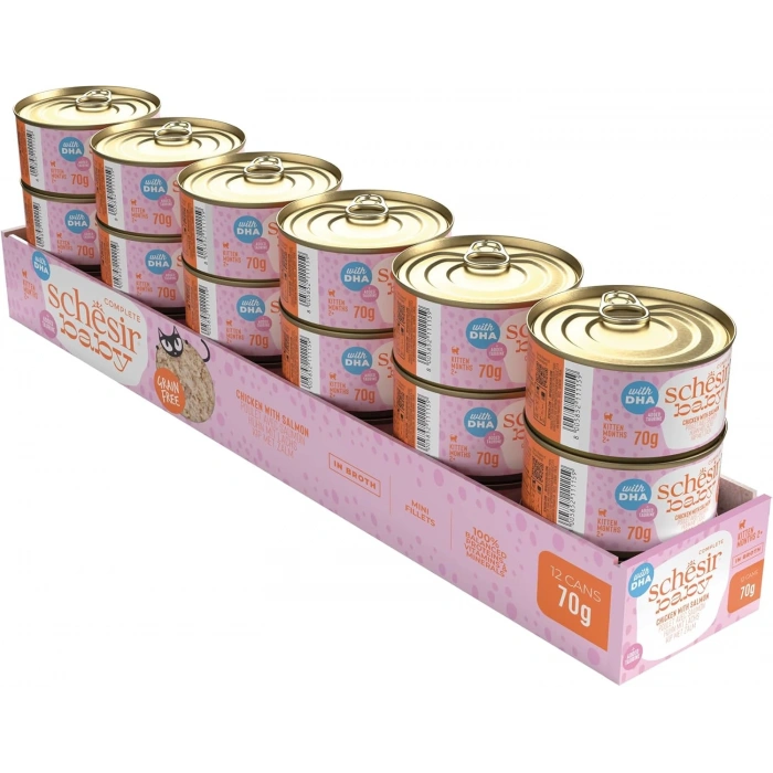 Schesir Baby Sos İçinde Tavuk ve Somonlu Tahılsız Yavru Kedi Konservesi 70gr