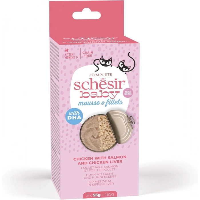 Schesir Parça Tavuklu Somonlu Ciğerli Tahılsız Ezme Yavru Kedi Konservesi 55gr (3 Adet)