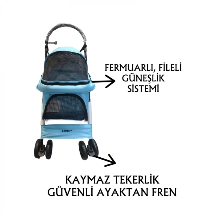 Tommy Evcil Hayvan Arabası 60*42,5*89,50 Turkuaz Max 15 Kg