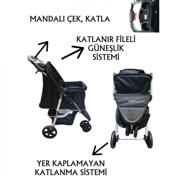 Tommy Evcil Hayvan Arabası 80*46*99 cm Siyah Max 15 Kg