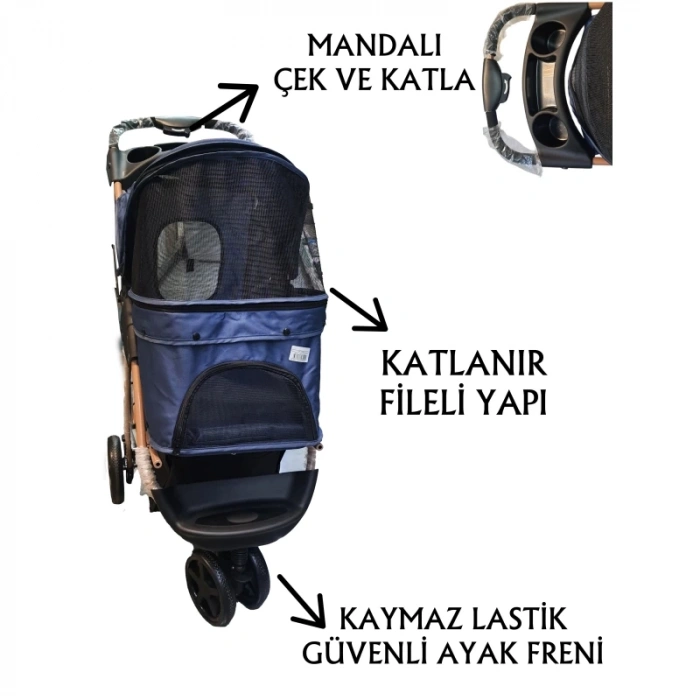 Tommy Evcil Hayvan Arabası 87*50*107 cm Lacivert Max 20 Kg