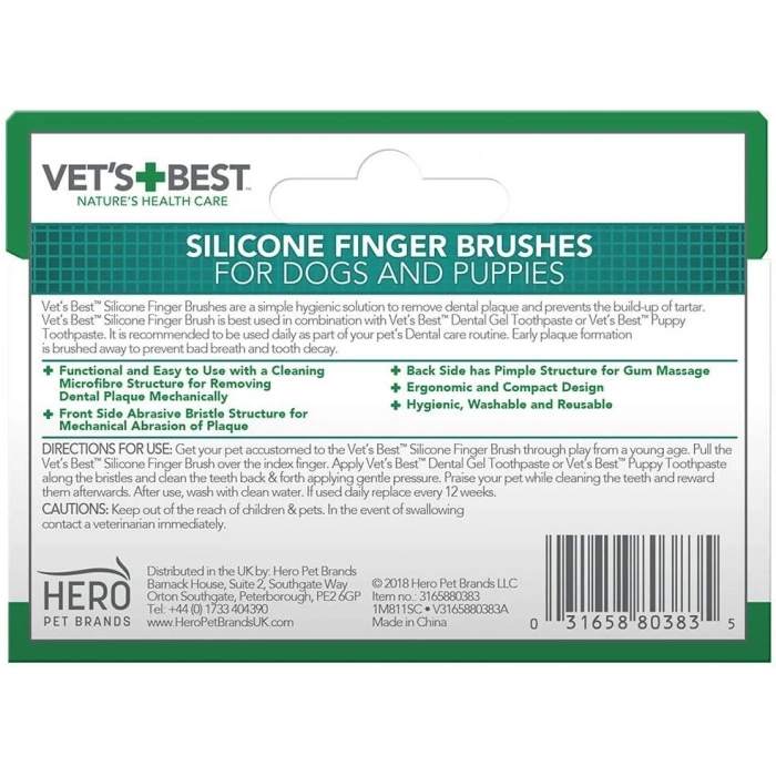 VETS BEST Kedi ve Köpekler için Silikon Başlıklı Parmak Diş Fırçası 5,5cm (5li) (Yeşil)
