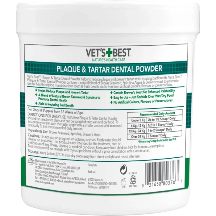 VETS BEST Köpekler için Deniz ve Spirulina Yosunu Özlü Plak ve Tartar Önleyici Ağız Bakım Tozu 90gr