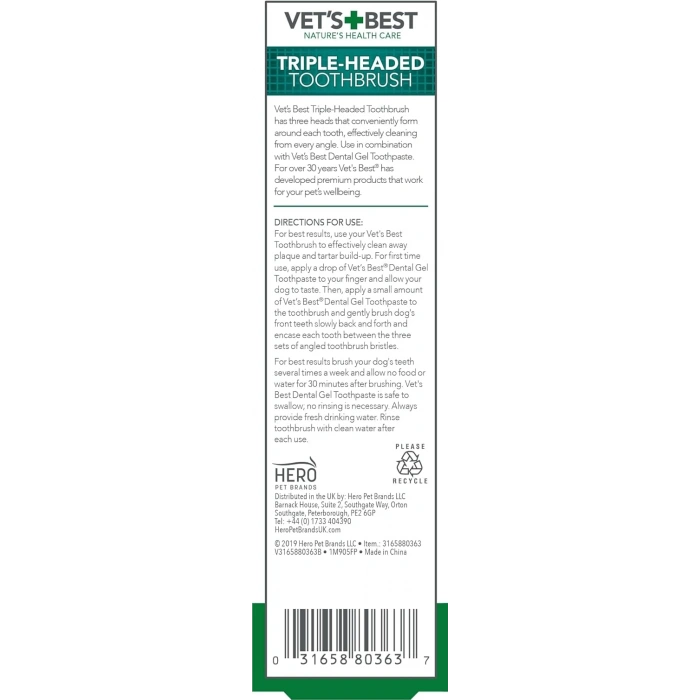 VETS BEST Köpekler için Üç Başlı Diş Fırçası 17,5cm (Yeşil-Beyaz)