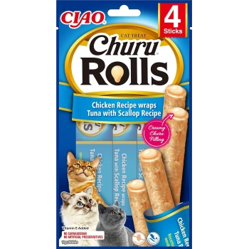 CIAO Churu Rolls Tavuk Sargılı Deniz Taraklı ve Ton Balıklı Kedi Ödül Maması 10gr (4lü)