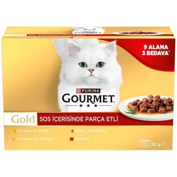 Gourmet Gold Soslu Parça Etli Karışık Çeşitli Yetişkin Kedi Konservesi 12x85gr (12 AL 9 ÖDE)