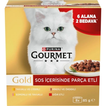 Gourmet Gold Soslu Parça Etli Karışık Çeşitli Yetişkin Kedi Konservesi 8x85gr (8 AL 6 ÖDE)