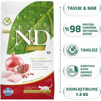 N&D Prime Tavuklu ve Narlı Tahılsız Kısırlaştırılmış Kedi Maması 1,5kg