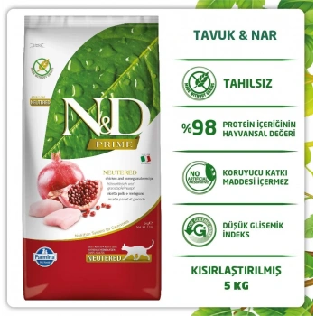 N&D Prime Tavuklu ve Narlı Tahılsız Kısırlaştırılmış Kedi Maması 5kg