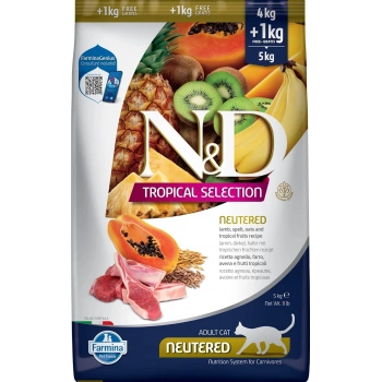 N&D Tropical Selection Kuzu Etli ve Tropikal Meyveli Kısırlaştırılmış Kedi Maması 4kg + 1kg HEDİYE!