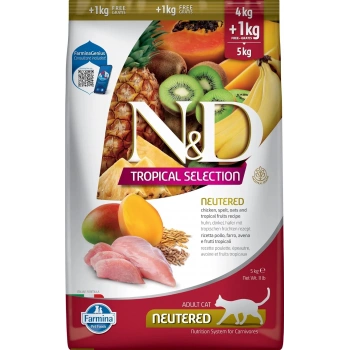 N&D Tropical Selection Tavuklu ve Tropikal Meyveli Kısırlaştırılmış Kedi Maması 4kg+1kg HEDİYE!
