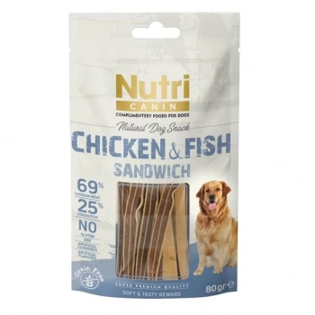 Nutri Canin %25 Okyanus Balıklı ve %69 Tavuk Etli Tahılsız Sandviç Köpek Ödül Maması 80gr