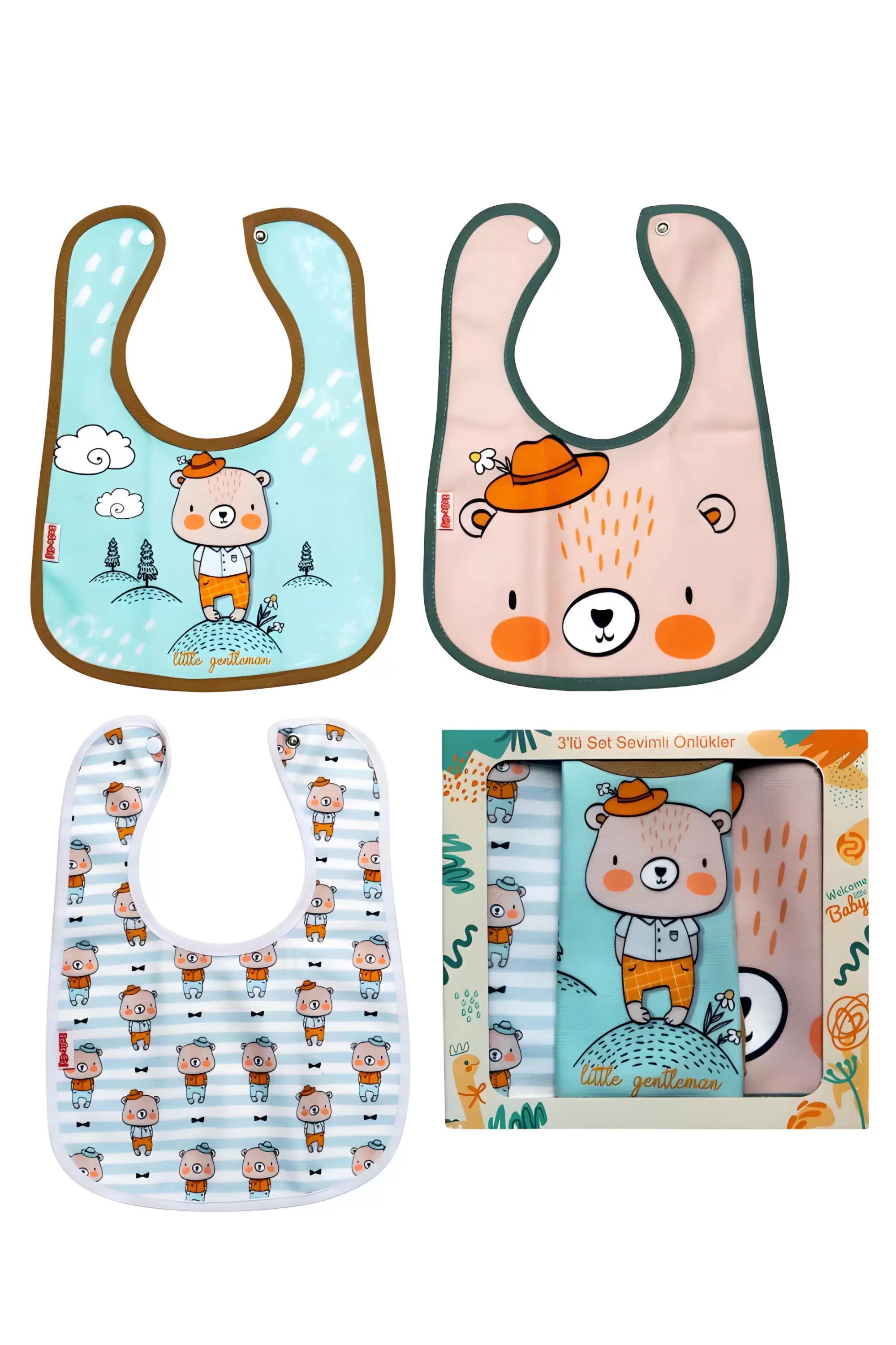 Bear Desenli 3lü Kombin Sıvı Geçirmez Bebek Mama Önlüğü 0-6 Ay